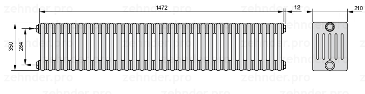 Схема (чертеж) Радиатор Zehnder Charleston 6035/32 №1270 Белый глянцевый RAL 9016